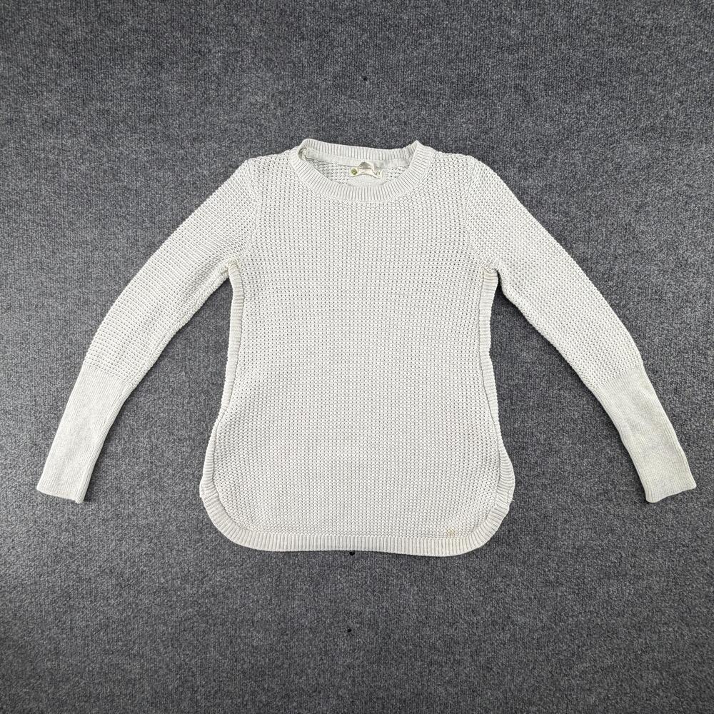 AKINI Sweater Womens XS White Waffle Knit Side Zip Pullover Top Curved Hem